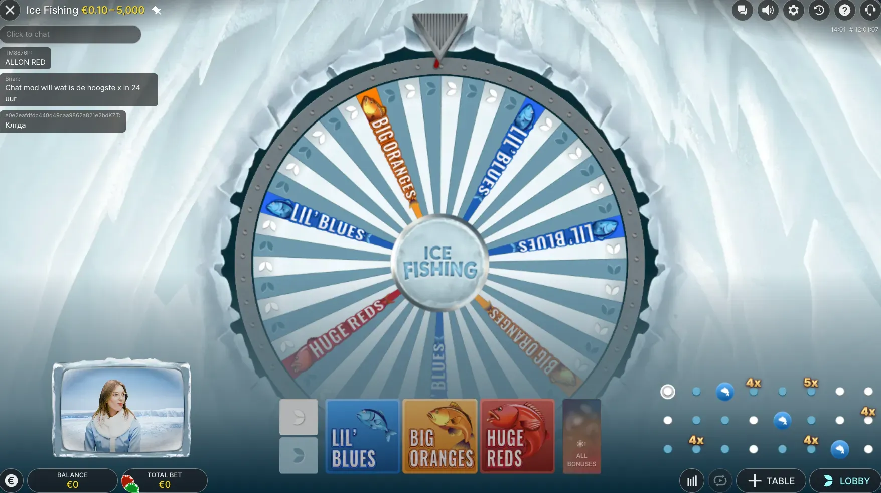 Ice Fishing jugabilidad — live game show con rueda de 53 segmentos de Evolution Gaming
